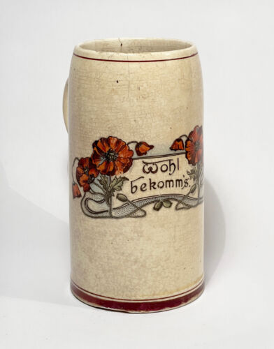 antiker Bierkrug Keramik Jugendstil handbemalt "Wohl bekomm`s" Mohnblumen defekt - Bild 1 von 11