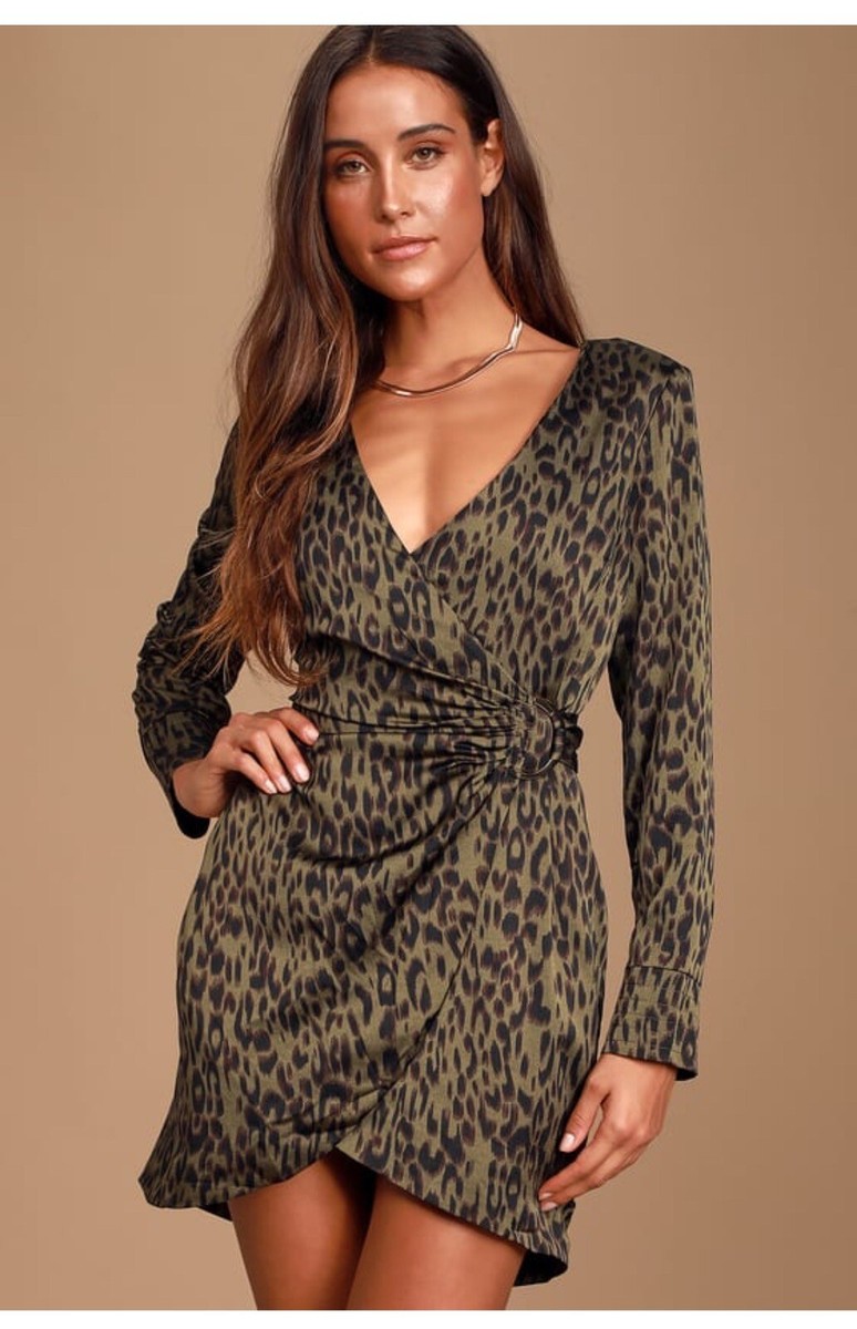 green animal print wrap dress Women’s Small NWT Lulus Dare You Olive Leopard Womens dresses