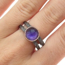 925 Sterling Silver Vintage Real Amethyst 2-Row Cable Ring Size 6.75