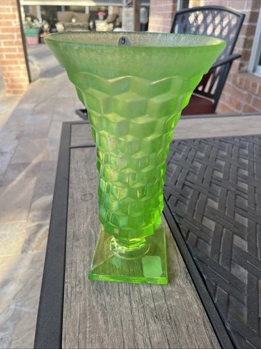 Fenton 10” Key Lime Green Stretch Glass Footed American Vase #4380 HF