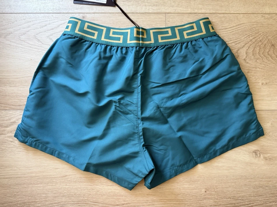 NWT Versace Mens Greca Border Swim Trunks Shorts Teal Blue Green Size 3 XS - Image 3 of 4