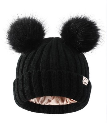 Hat Hut Toddler Beanie Satin Lined for One Size, B5-black 2 Black Poms 