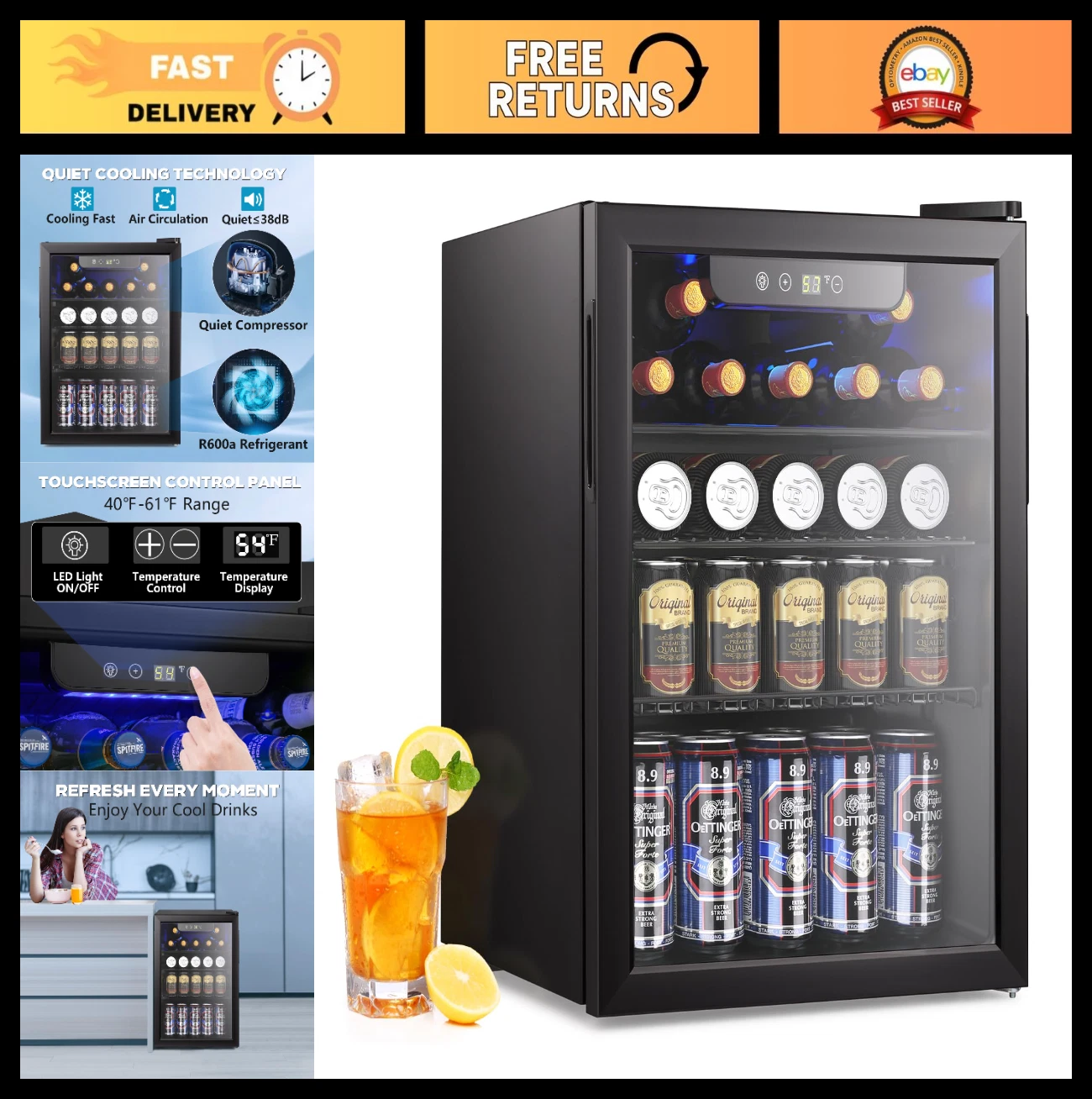 2.6 Cu.ft Mini Beverage Refrigerator Cooler, 95 Can Glass Door, Adjustable Shelv