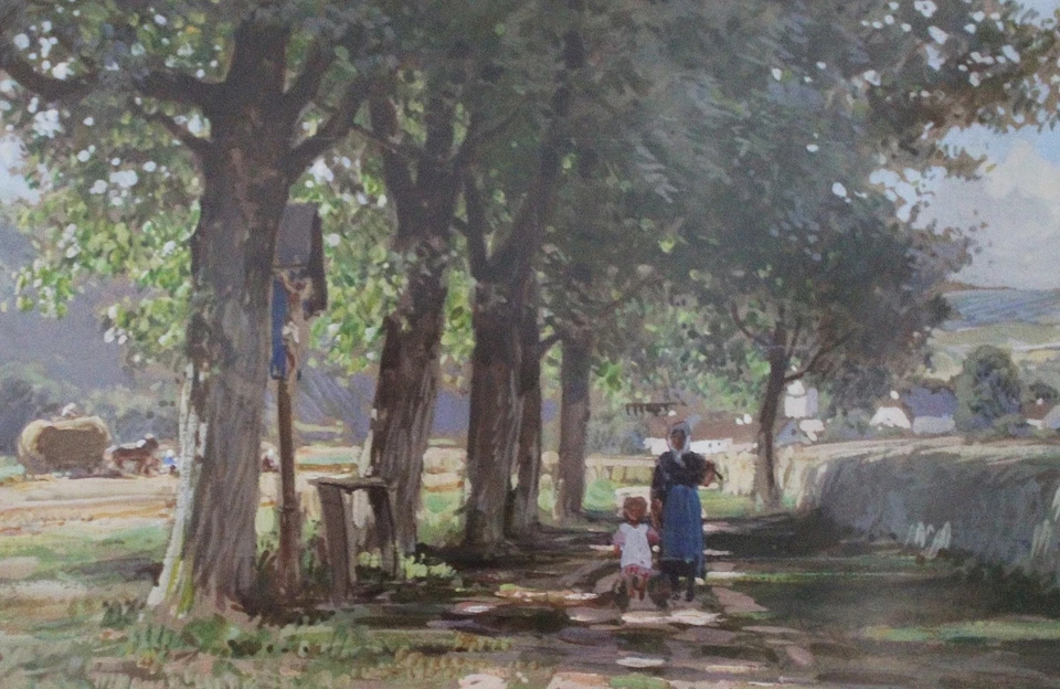 Paul Hey 1867 München - 1952 Original Gouache Gemälde Landschaft, Frau mit Kind - Bild 2 von 4