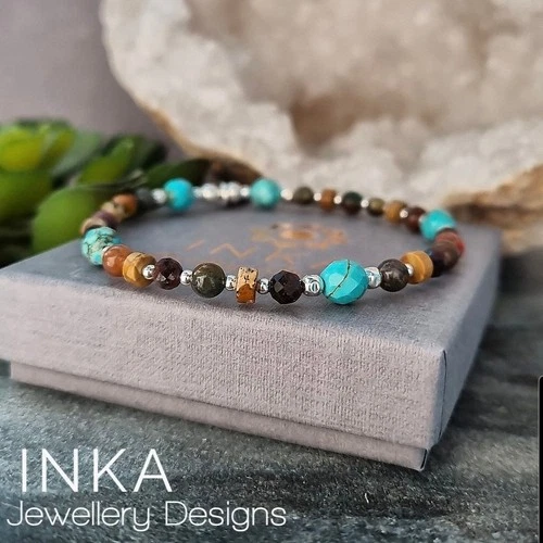 925 Sterling Silver Agate, Tourmaline & Turquoise Stretch Boho Bracelet by INKA