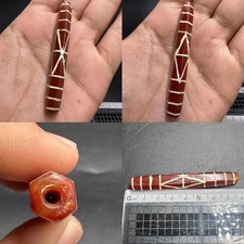Old Roman Carnelian Long Barrel Bead Etched Geometric Design Hexagonal E