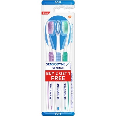 Sensodyne Sensitive Toothbrush (2+1 Pack) 3 Count (Pack of 1), Assorted