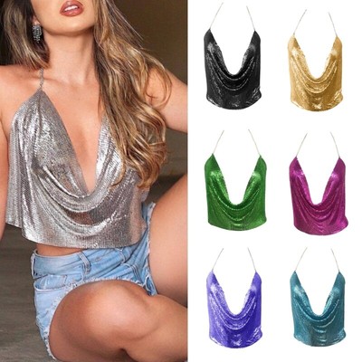 Women Sexy Metallic Sequins Drape V-Neck Cami Top for Nightclub