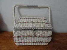 Vtg Retro Sewing Box DRITZ Sewing Storage Case-WICKER/Rattan-w/notion tray