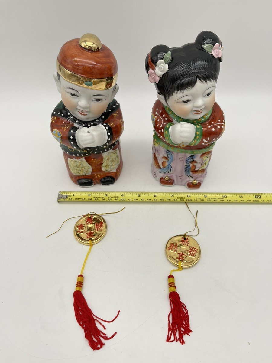 NOS Vtg Chinese Ceramic Lucky Golden Couple Jintong Boy Yunu Jade