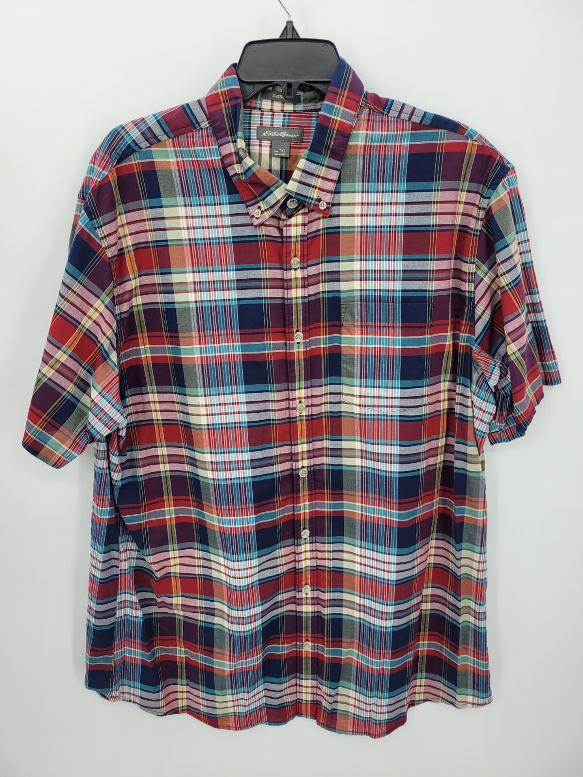 Eddie Bauer Shirt Mens TXL Red Blue Plaid Short Sleeve Button Up Preppy Casual