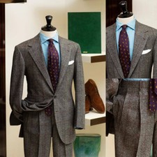 Gray Tweed Plaid Suits for Men Notch Lapel Jacket Pleated Pant Regular Work Wear