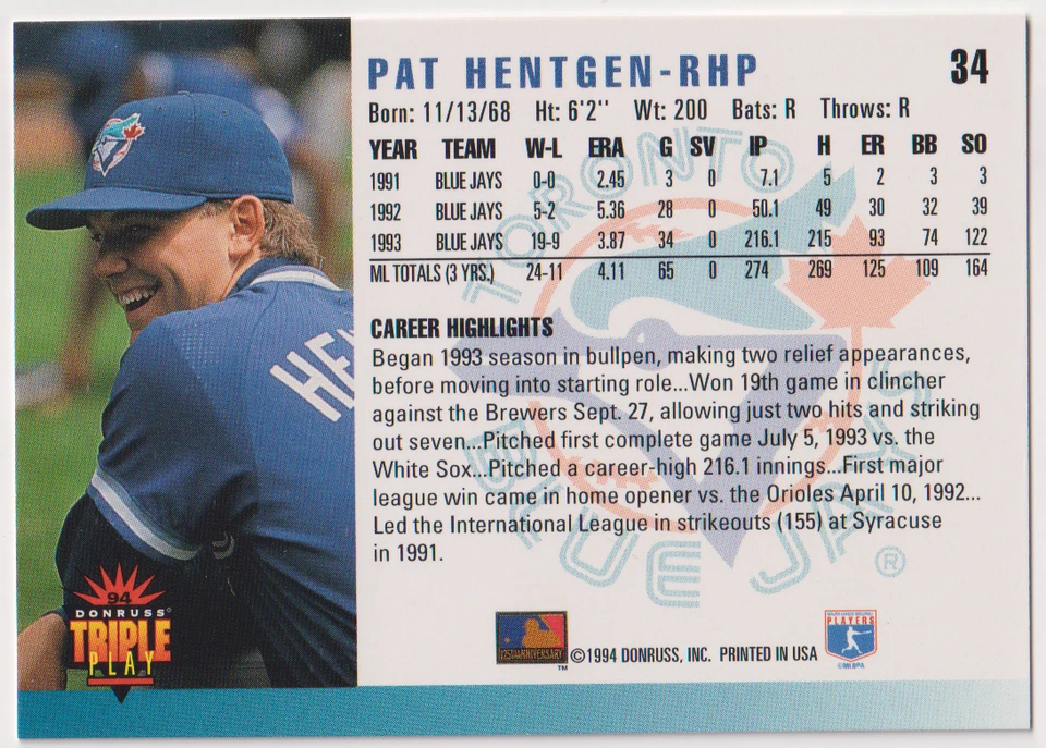 1994 Donruss Triple Play #34 Pat Hentgen Toronto Blue Jays - Image 2 of 2