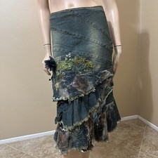 Women  s Greenish Denim Cotton Stretch Boho Beads Lace Zip Size S 4-6 Skirt 3332