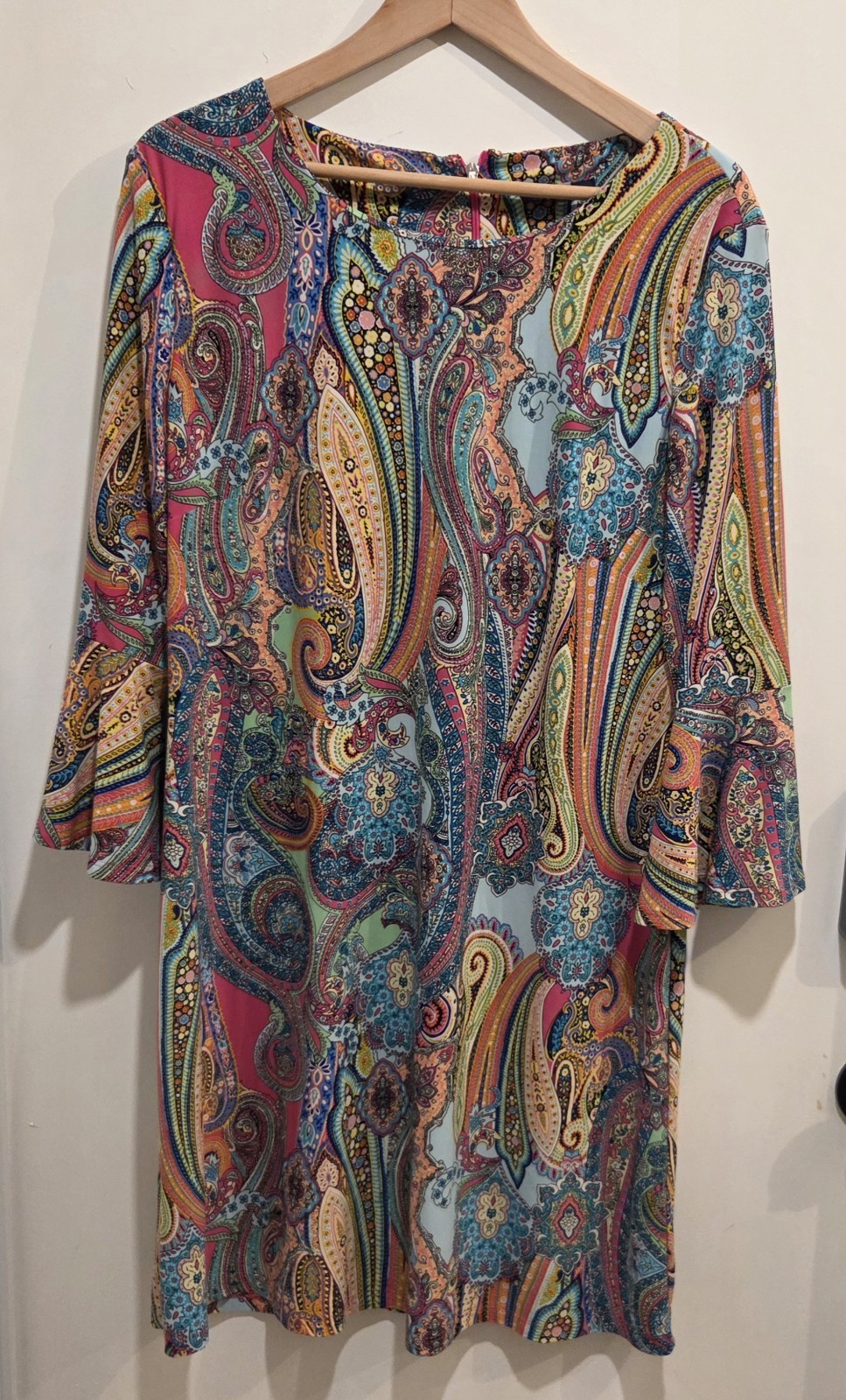 Tommy Hilfiger Sz 16 Paisley Boho 70’s Poly Knit Dress Bell Sleeves Stretch