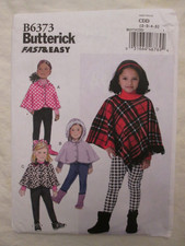 Butterick 6373 Fast  Very Easy Girls Cape Poncho Pattern 2-5 Hood Buttons UC FF
