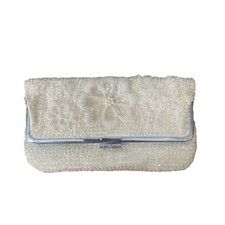 Vintage Ivory Folded Folding Clutch Purse Handbag Bead Sequin Handmade Hong Kong