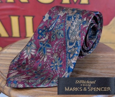Marks & Spencer Men's Tie Deep Red, Gold, Grey-Blue Floral St Michael, 100% Silk