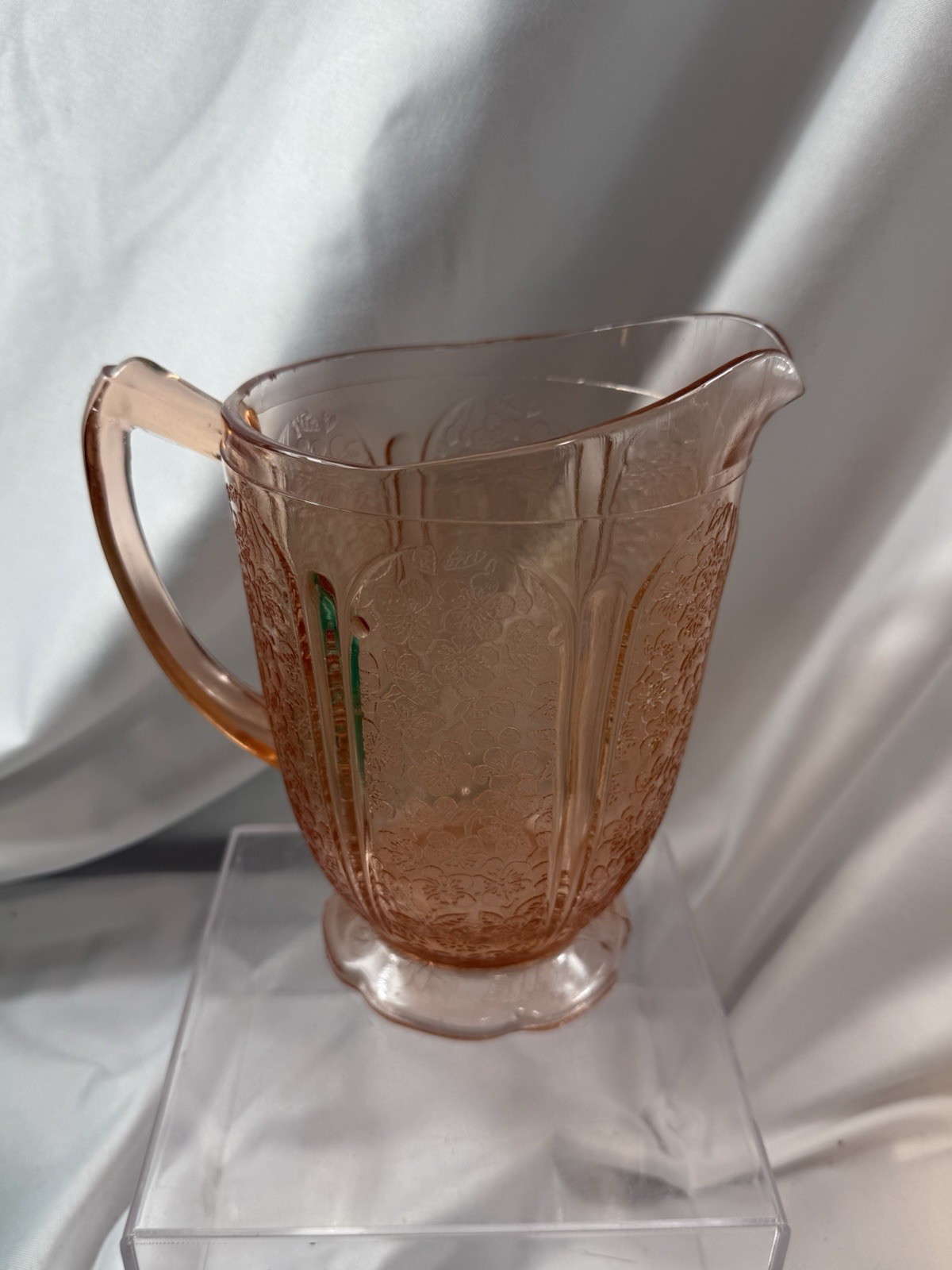 Vintage Jeannette Glass "Cherry Blossom" Pink Pitcher Scalloped Base
