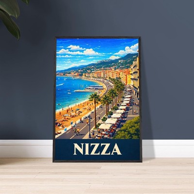Premium Vintage Nizza Travel Poster, Modern French Beachside Cityscape Wall Art