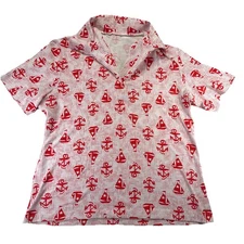 80s Women’s AOP dot red white Sailboat Anchor Shirt Collared Cotton S / M Sailor