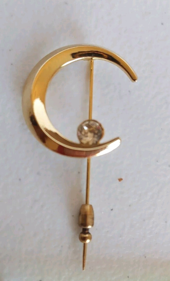 Vtg DeNicola Gold Tone Crescent Moon Clear Rhinestone Brooch Hat Lapel Pin Rare