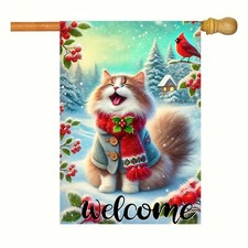 Welcome Garden Flag 12x18 Flag Winter Cat Garden Flag Christmas Festive Cat W...