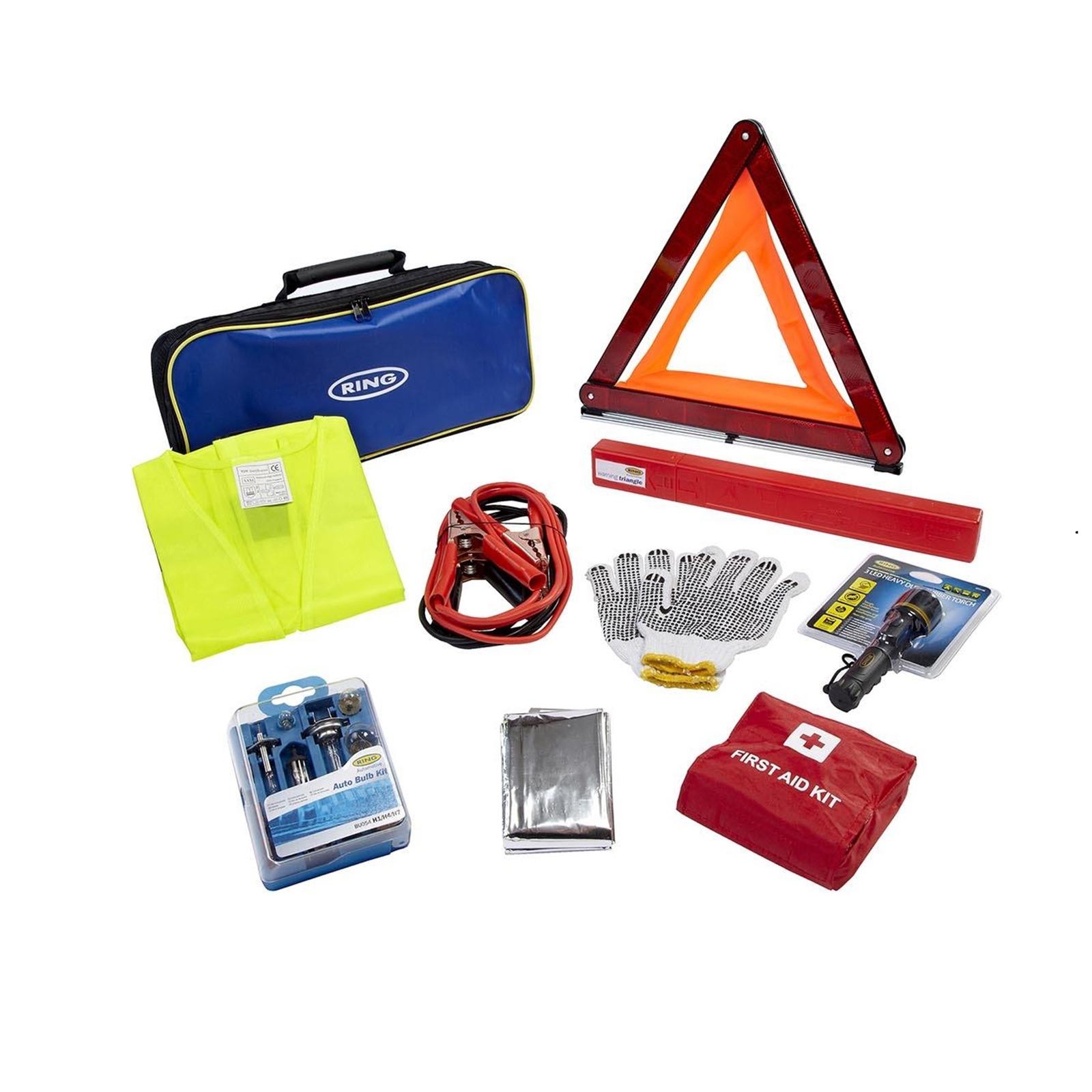 Ring Emergency Travel Kit Roadside with Universal Spare Bulb Kit Booster Cable