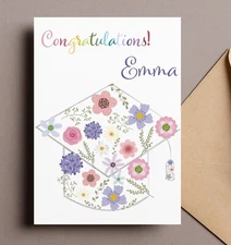 Personalized Customize Name Graduation Card Premium Envelop Floral Graduate Hat