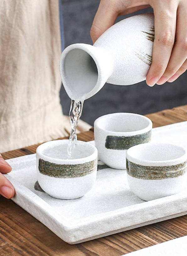 Hand-Painted Ceramic Sake Bottle Spirit Pot Jar Cup Tray Japanese