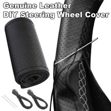 Genuine Leather DIY Car Steering Wheel Cover Anti-slip For 15"/38 cm Black US
