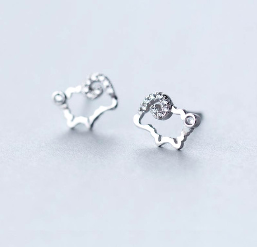 Silver Sheep Goat Pave Cubic Zirconia Stud Earrings
