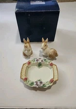 Vintage Fitz & Floyd Botanical Bunny Floral Salt & Pepper Shakers with Tray