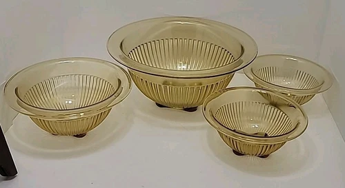 4 Vintage Federal Depression Glass Mixing Bowls Golden Glow Yellow Amber 1930's