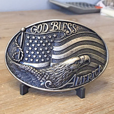 God Bless America Eagle Flag Belt Buckle Western Patriotic Vtg 80s Nocona B86 