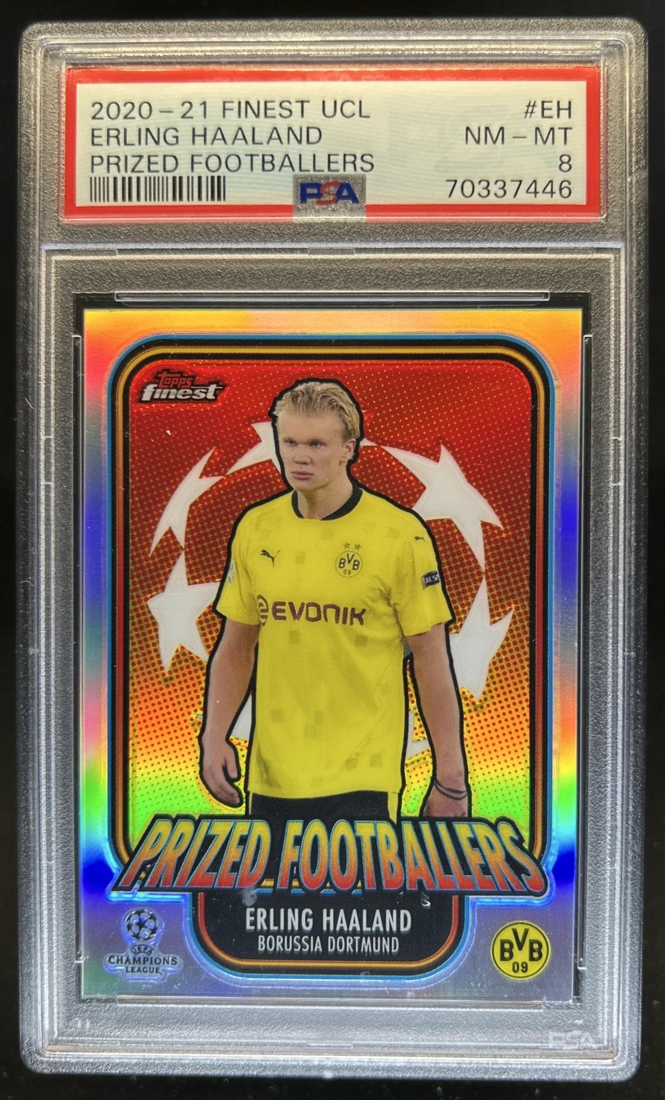 2020 Topps Finest UEFA Erling Haaland Prized Footballers #PF-EH Dortmund PSA 8 view 1
