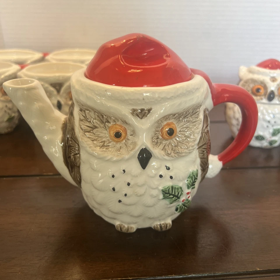 RARO DE COLECCIÓN Enesco Navidad Santa Sombrero Juego de Té 1979, Hojas de Acebo y Bayas Foto 2 de 4