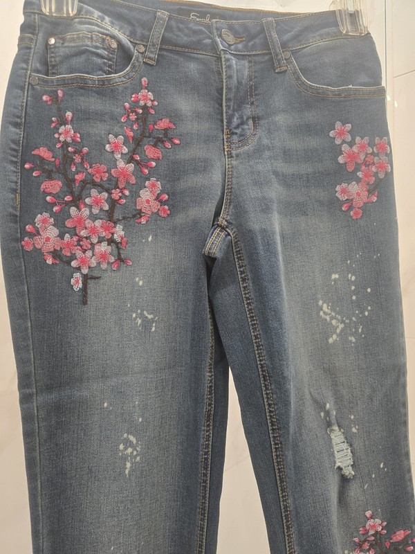 Earl Jeans Boyfriend Dark Blue Jeans, Pink Cherry Blossom Embroidery (28"Wx34"L)