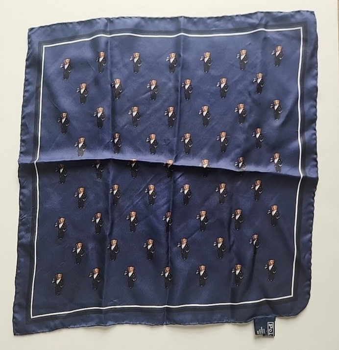 Vintage Polo Ralph Lauren Tuxedo Martini Bear Silk Pocket Square Hanky Italy