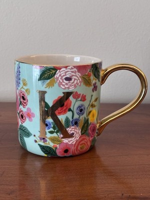 Anthropologie Rifle Paper Co. Floral Coffee Mug Cup Gold Monogram Initial K