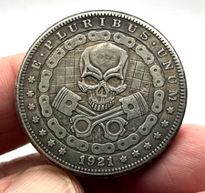 Biker Skull - Piston & Chain Good Luck Heads Tails Challenge Coin