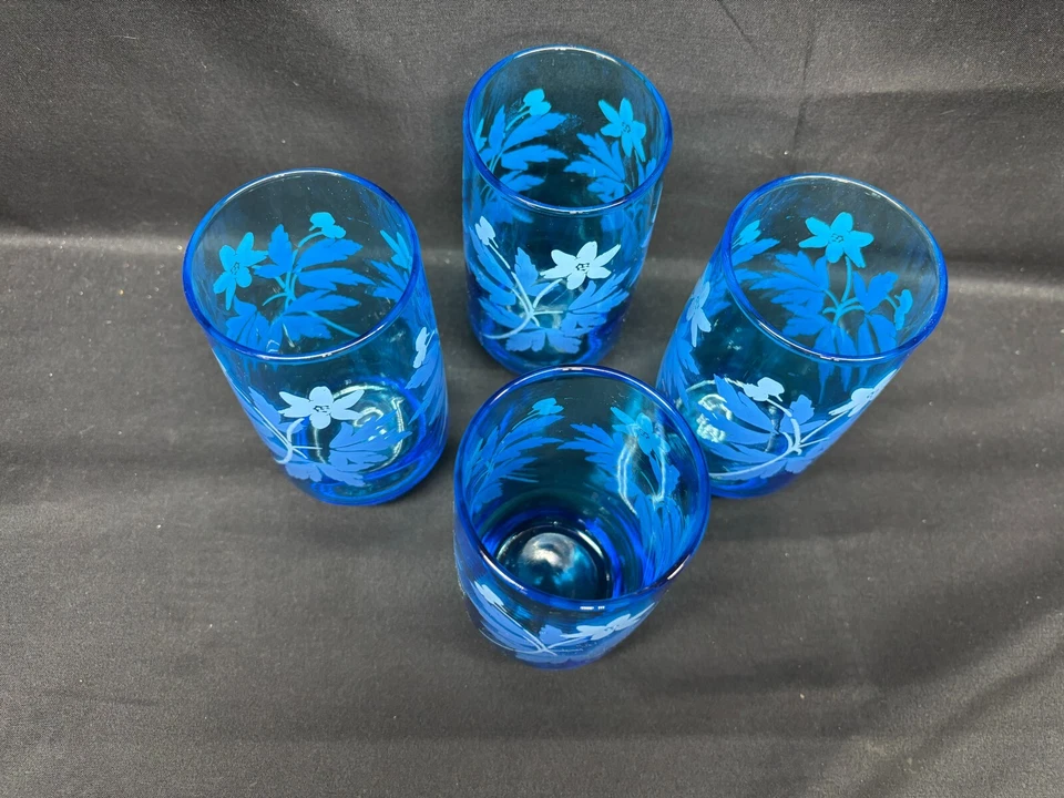 Set of 4 ~ Libbey "BLUE MEADOWS" Floral ~ Glass Tumblers ~ 5" Tall - Image 4 of 4