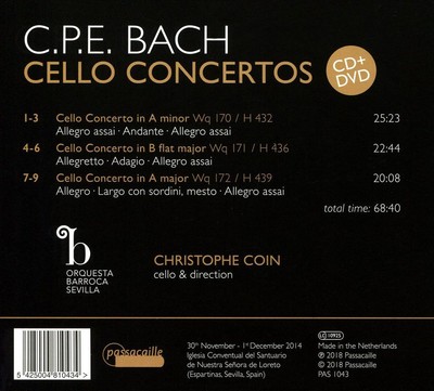 CHRISTOPHE COIN / ORQUESTA BARROCA DE SEVILLA C.P.E. BACH: CELLO CONCERTOS NEW C