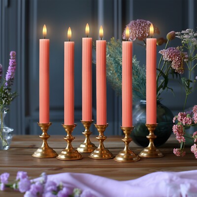 12PK 10'' LED Fluted Ribbed Pink Peach Pillar Candles w/Remote & 24h Timer Memory