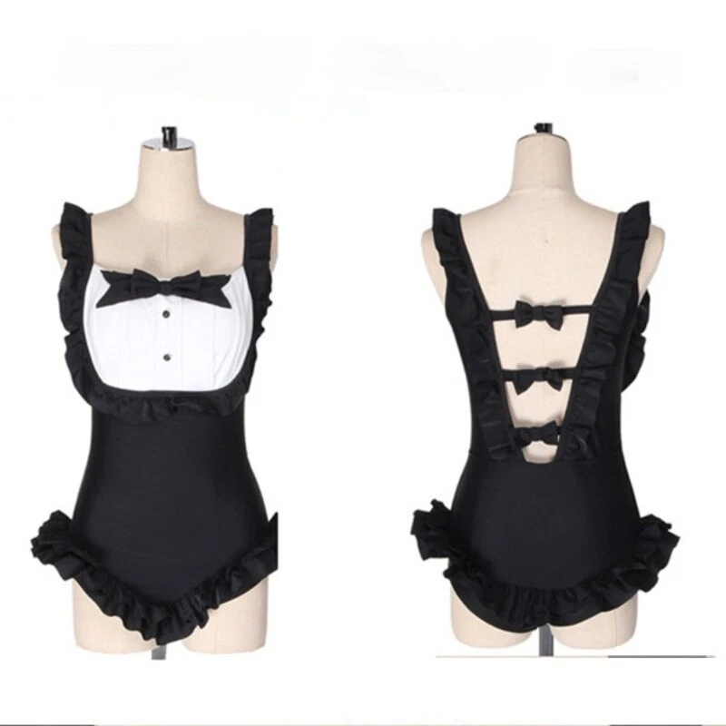 Damen Lolita Badeanzug Badebekleidung Japanisch Kawaii Rüschen Maid Outfit Bow - Bild 2 von 4