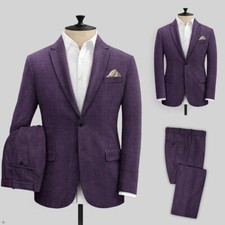 Men Purple Single Breasted Suit Houndstooth Tuxedo Notch Lapel Wedding Custom