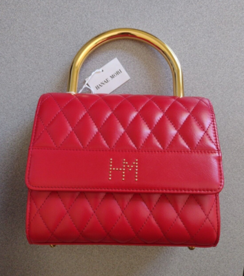 Vintage Hanae Mori Red Leather Handbag Gold Handle Quilted Luxury