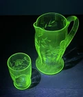 Depression Uranium Glass Vintage Handcrafted Etched Floral Pitcher & Glass