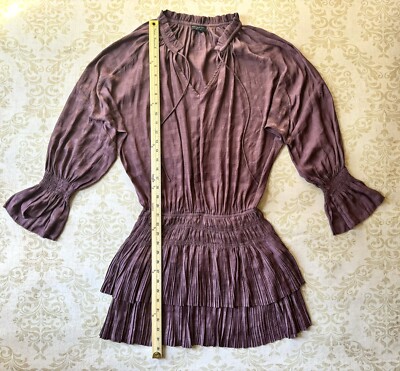current air pleated mini dress Current Air Tie-neck Pleated Mini Dress Mauve Size S Full Length Sleeves