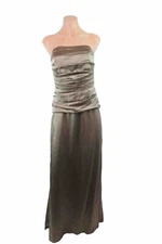 Nicole Miller 100% Silk Strapless Bronze Ruched Evening Formal Gown Size 4